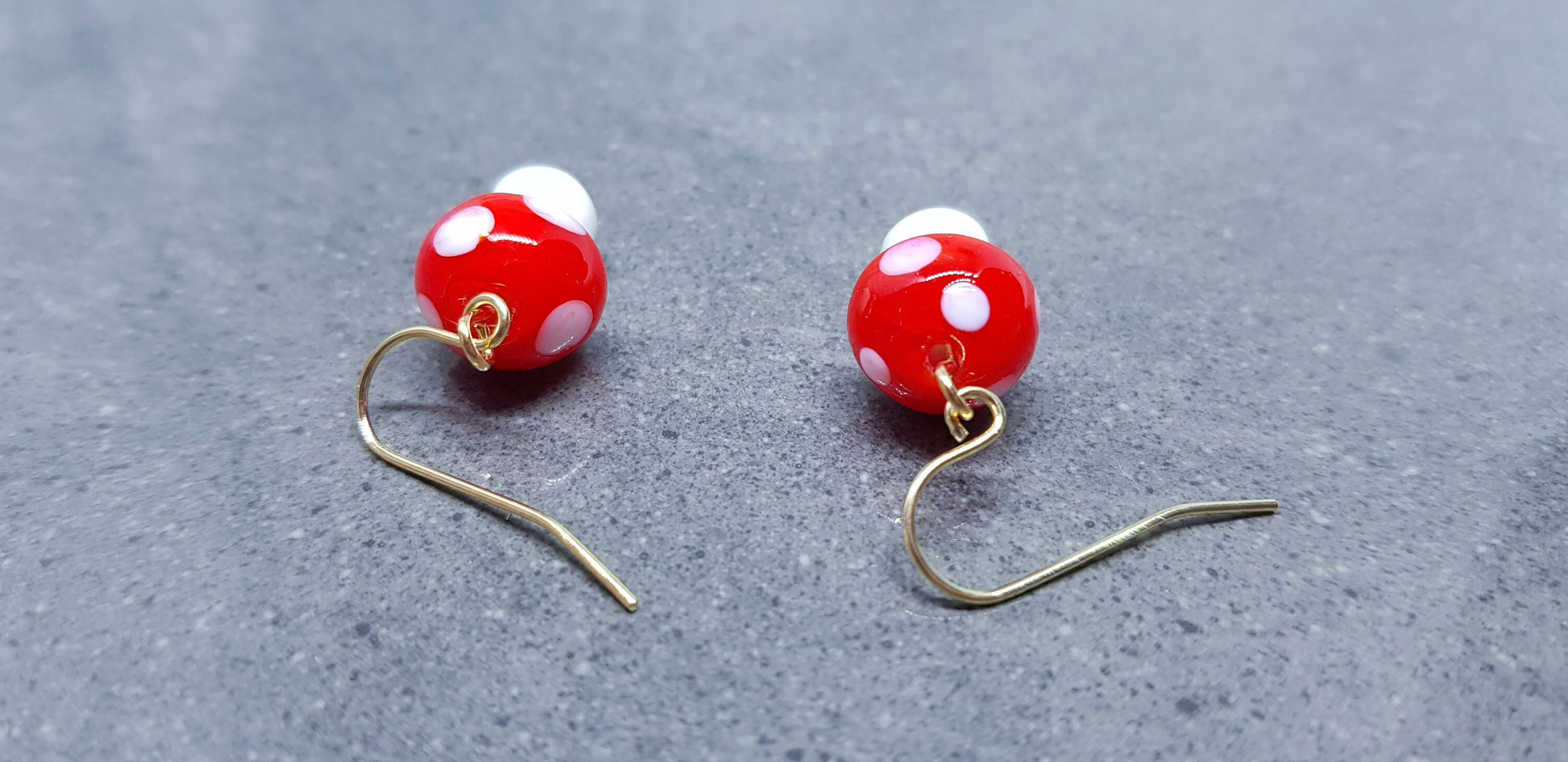 Glass Mushroom Earrings, Hypoallergenic Ear Wires, Toad Stool Earrings, Glass jewellery