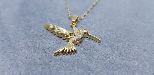 Brass Micro Pave Cubic Zirconia Hummingbird Necklace