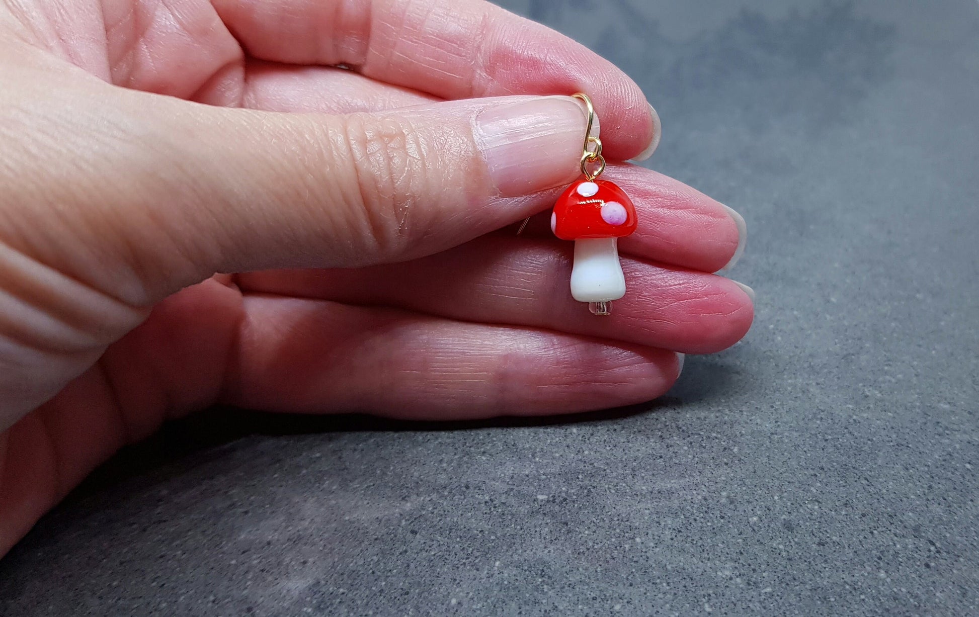 Glass Mushroom Earrings, Hypoallergenic Ear Wires, Toad Stool Earrings, Glass jewellery