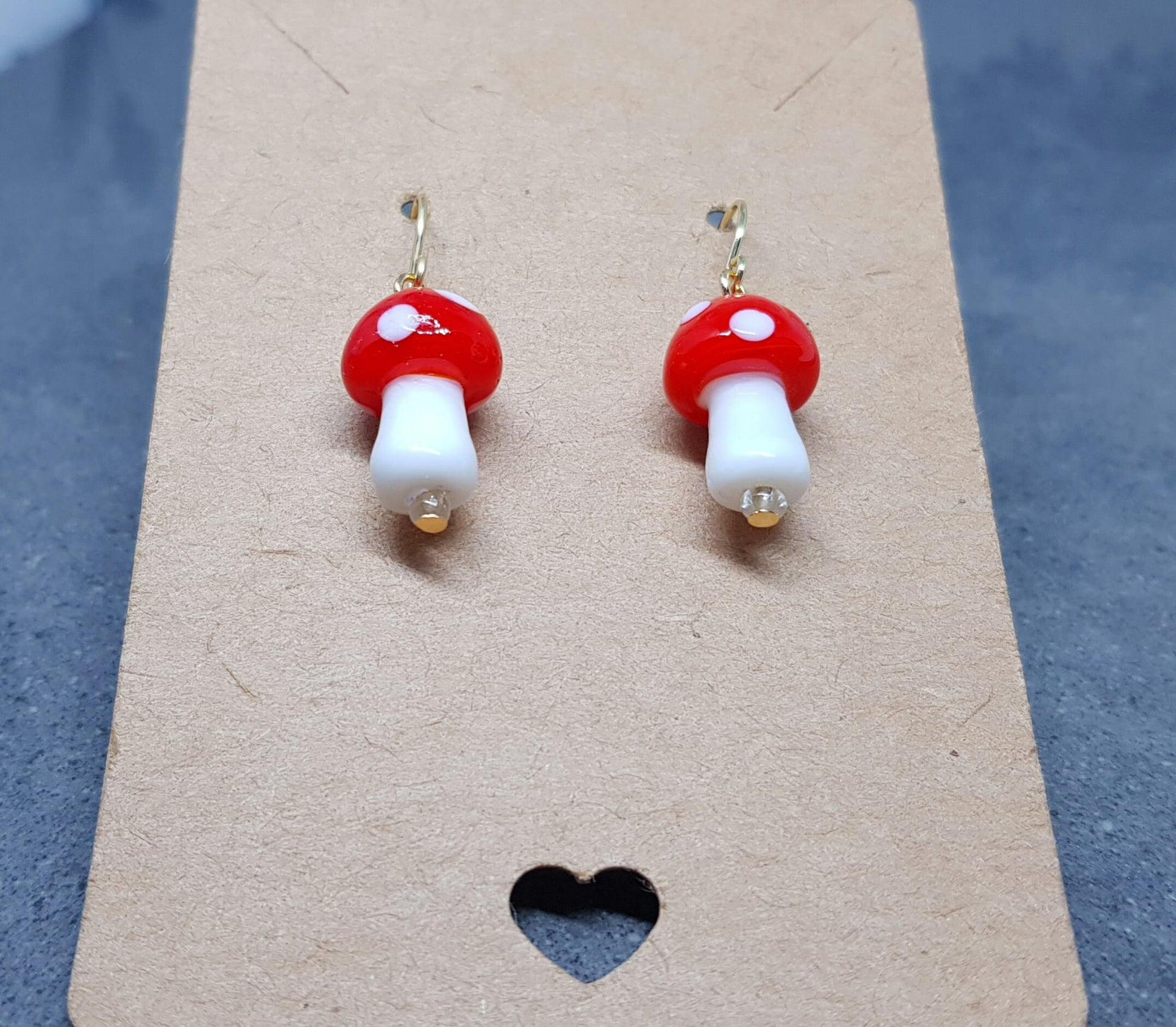 Glass Mushroom Earrings, Hypoallergenic Ear Wires, Toad Stool Earrings, Glass jewellery