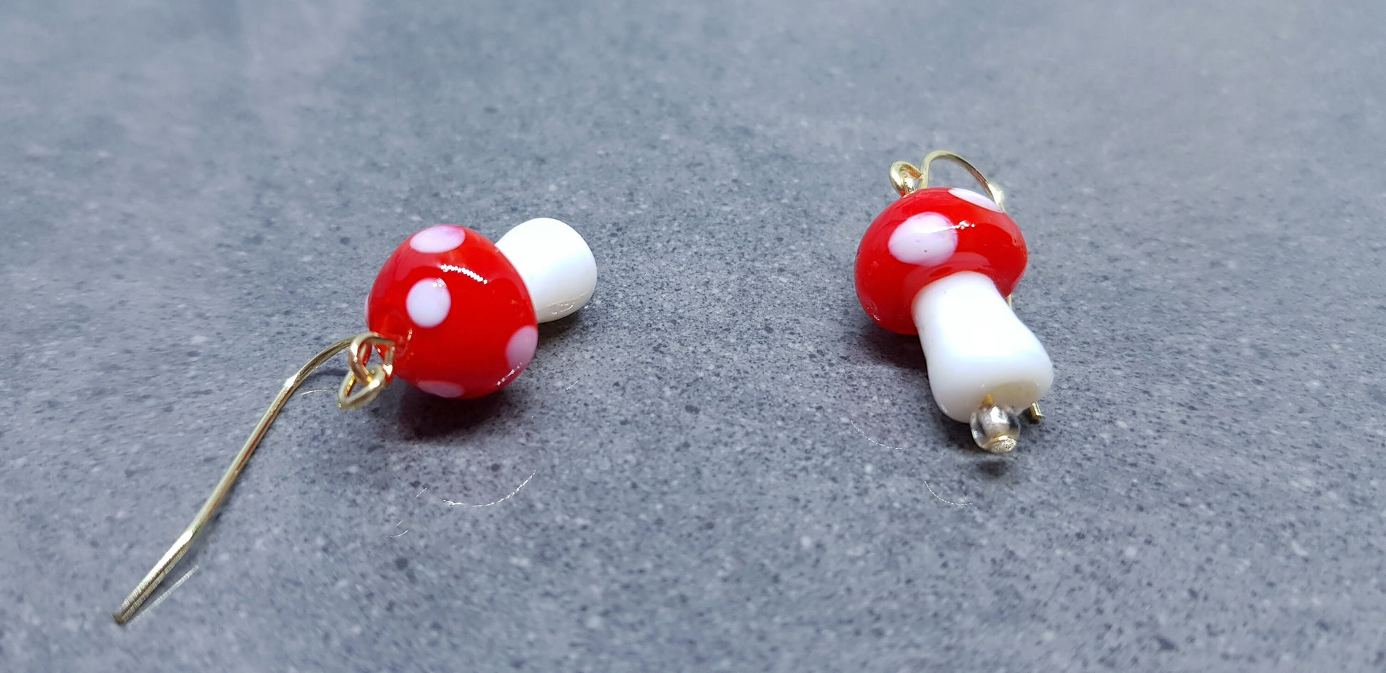 Glass Mushroom Earrings, Hypoallergenic Ear Wires, Toad Stool Earrings, Glass jewellery