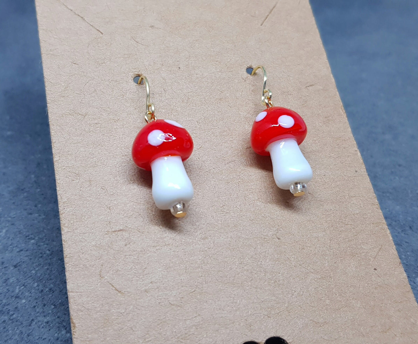 Glass Mushroom Earrings, Hypoallergenic Ear Wires, Toad Stool Earrings, Glass jewellery