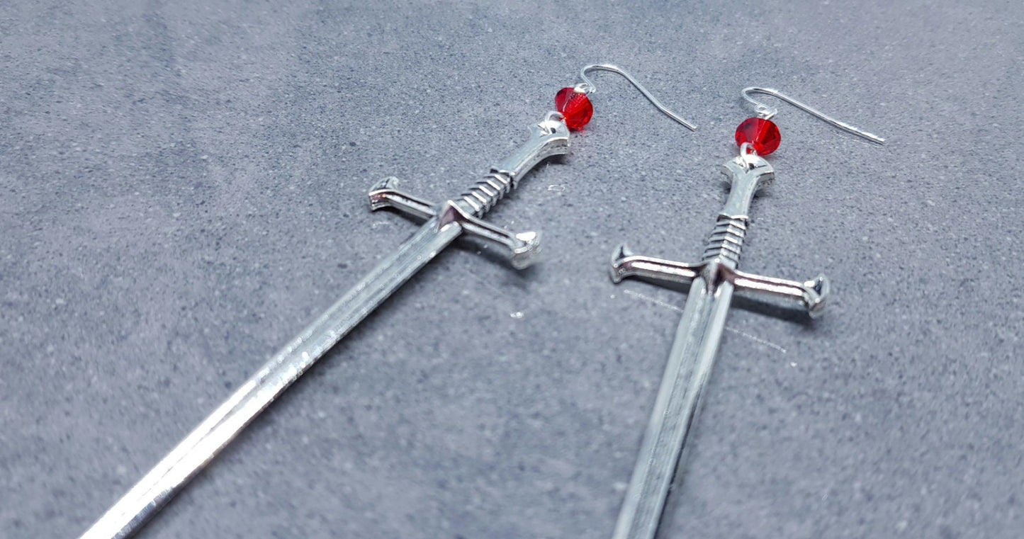 Dagger Earrings, Red PRIMERO Crystals®, Sword Earrings, Cosplay Jewellery, Gothic Jewellery, Come as a Pair