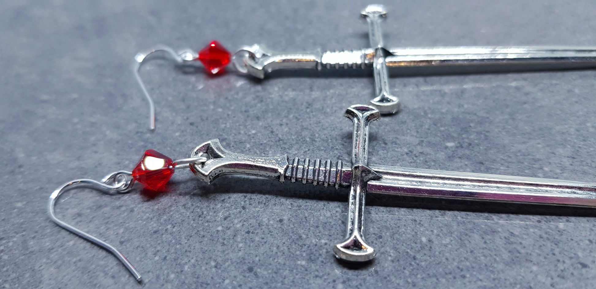 Dagger Earrings, Red PRIMERO Crystals®, Sword Earrings, Cosplay Jewellery, Gothic Jewellery, Come as a Pair