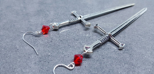 Dagger Earrings, Red PRIMERO Crystals®, Sword Earrings, Cosplay Jewellery, Gothic Jewellery, Come as a Pair