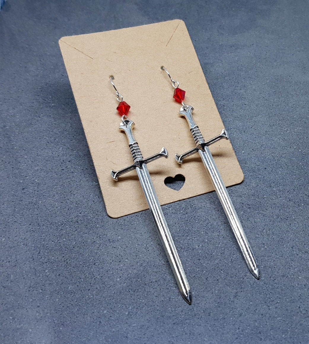 Dagger Earrings, Red PRIMERO Crystals®, Sword Earrings, Cosplay Jewellery, Gothic Jewellery, Come as a Pair