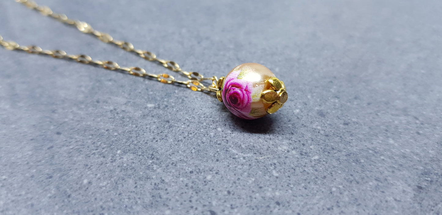 Glass Gold Rose Necklace, Glass Pearl Choker, Pearl Necklace, Pink Rose Jewellery, Vintage Style Necklace