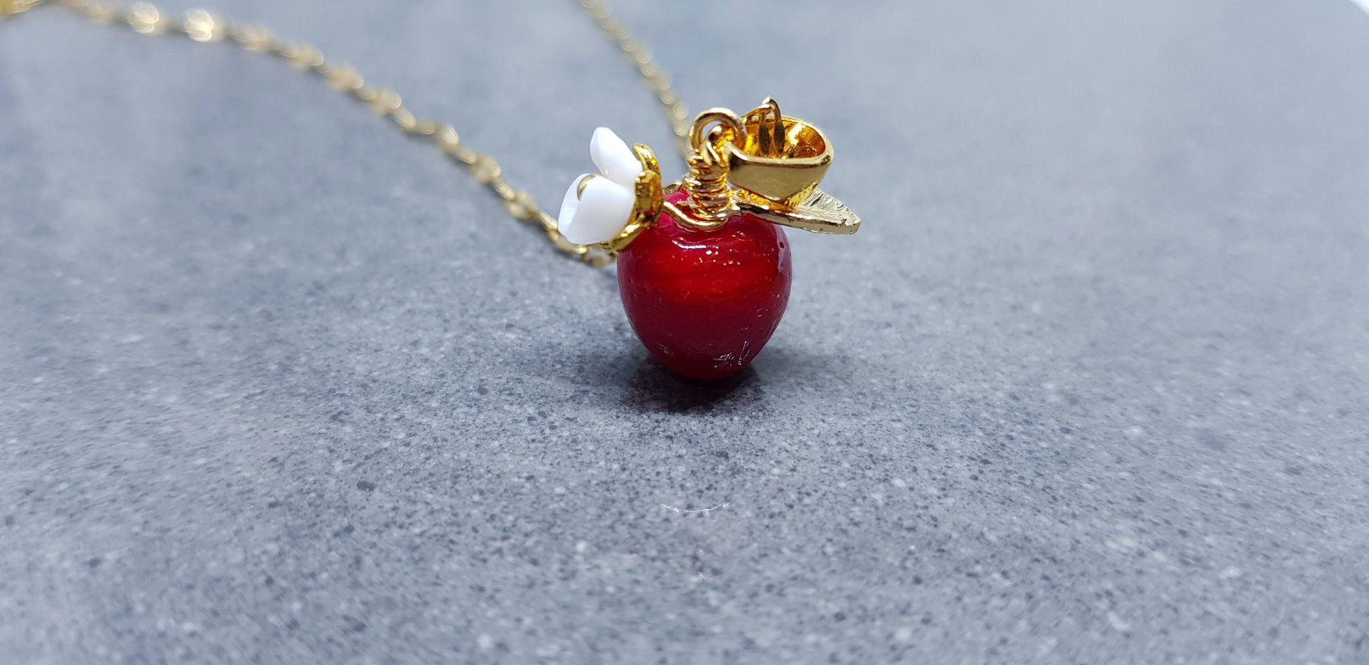 Glass Apple Necklace, Fruit Necklace, Glass Jewelry, Autumn Earrings, Red Apple Necklace, Flower Necklace