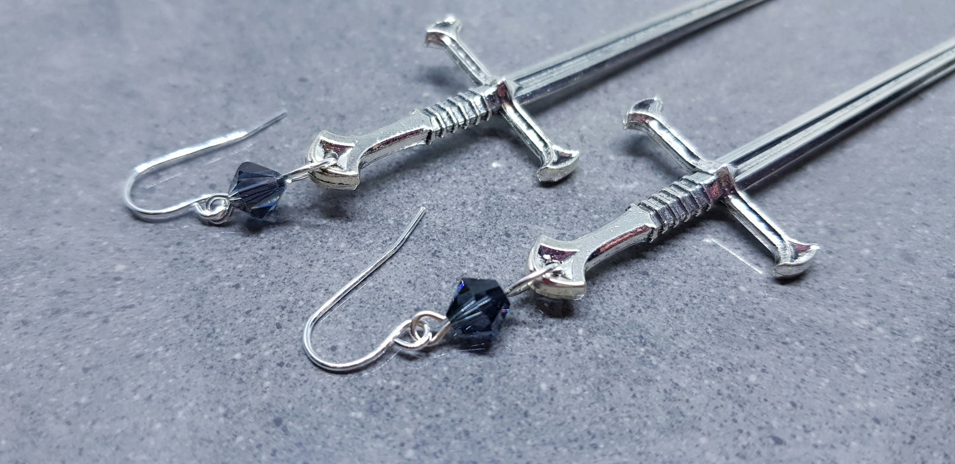 Dagger Earrings, Black PRIMERO Crystals®, Sword Earrings, Cosplay Jewellery, Gothic Jewellery, Come as a Pair