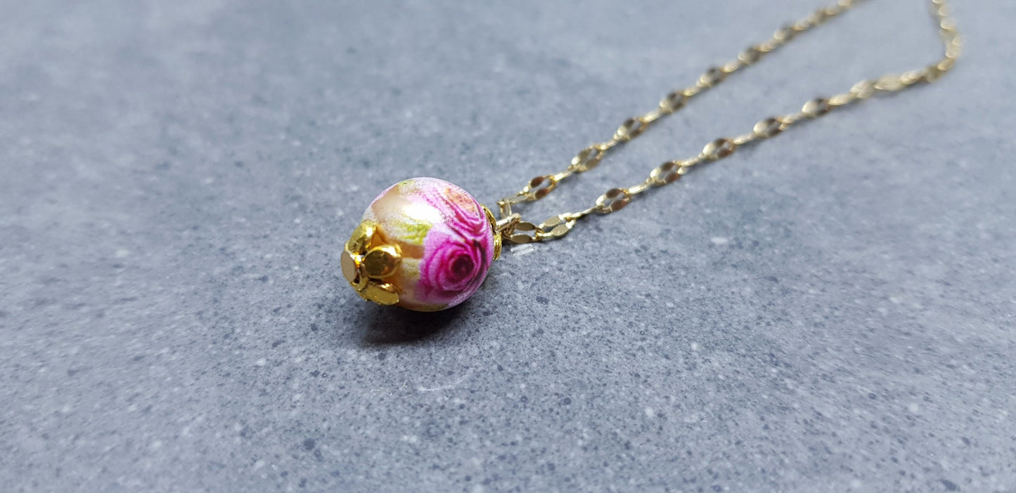 Glass Gold Rose Necklace, Glass Pearl Choker, Pearl Necklace, Pink Rose Jewellery, Vintage Style Necklace