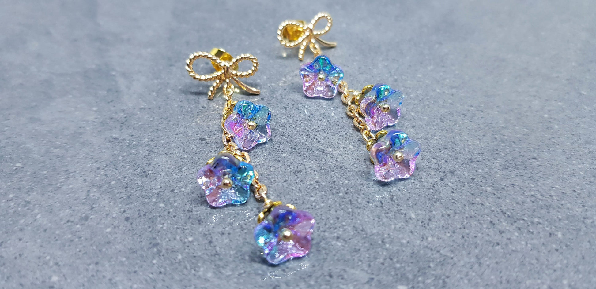 Flower Earrings, Brass bow studs, Glass Flowers, Sky Blue and purple, Gold Plated, Individually Hand Wire Wrapped, Pretty Earrings