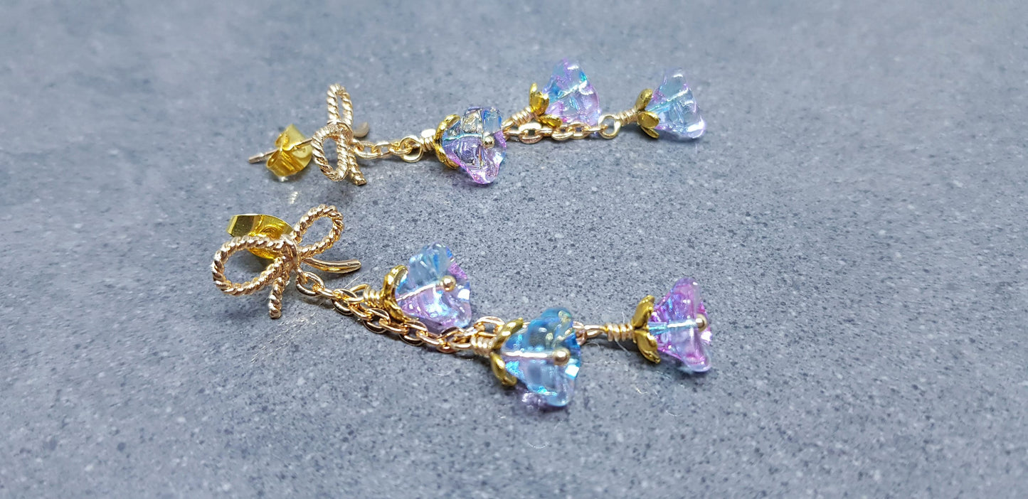 Flower Earrings, Brass bow studs, Glass Flowers, Sky Blue and purple, Gold Plated, Individually Hand Wire Wrapped, Pretty Earrings