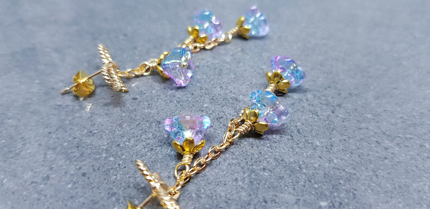 Flower Earrings, Brass bow studs, Glass Flowers, Sky Blue and purple, Gold Plated, Individually Hand Wire Wrapped, Pretty Earrings