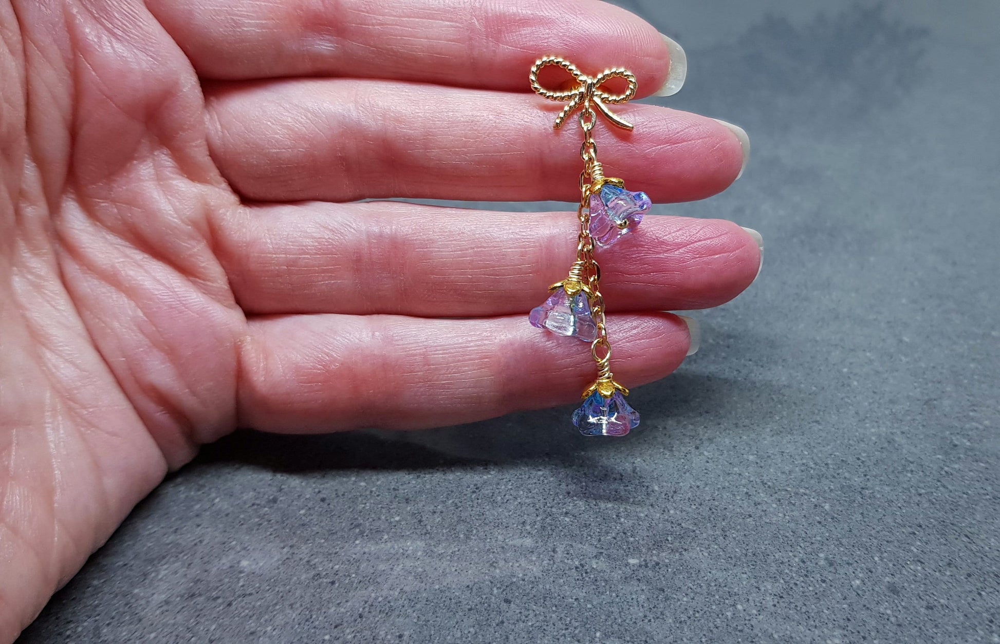 Flower Earrings, Brass bow studs, Glass Flowers, Sky Blue and purple, Gold Plated, Individually Hand Wire Wrapped, Pretty Earrings