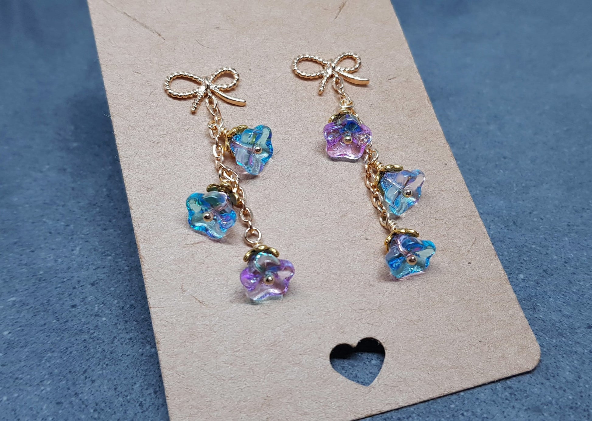 Flower Earrings, Brass bow studs, Glass Flowers, Sky Blue and purple, Gold Plated, Individually Hand Wire Wrapped, Pretty Earrings