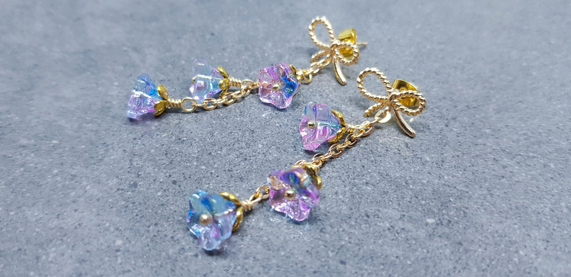 Flower Earrings, Brass bow studs, Glass Flowers, Sky Blue and purple, Gold Plated, Individually Hand Wire Wrapped, Pretty Earrings