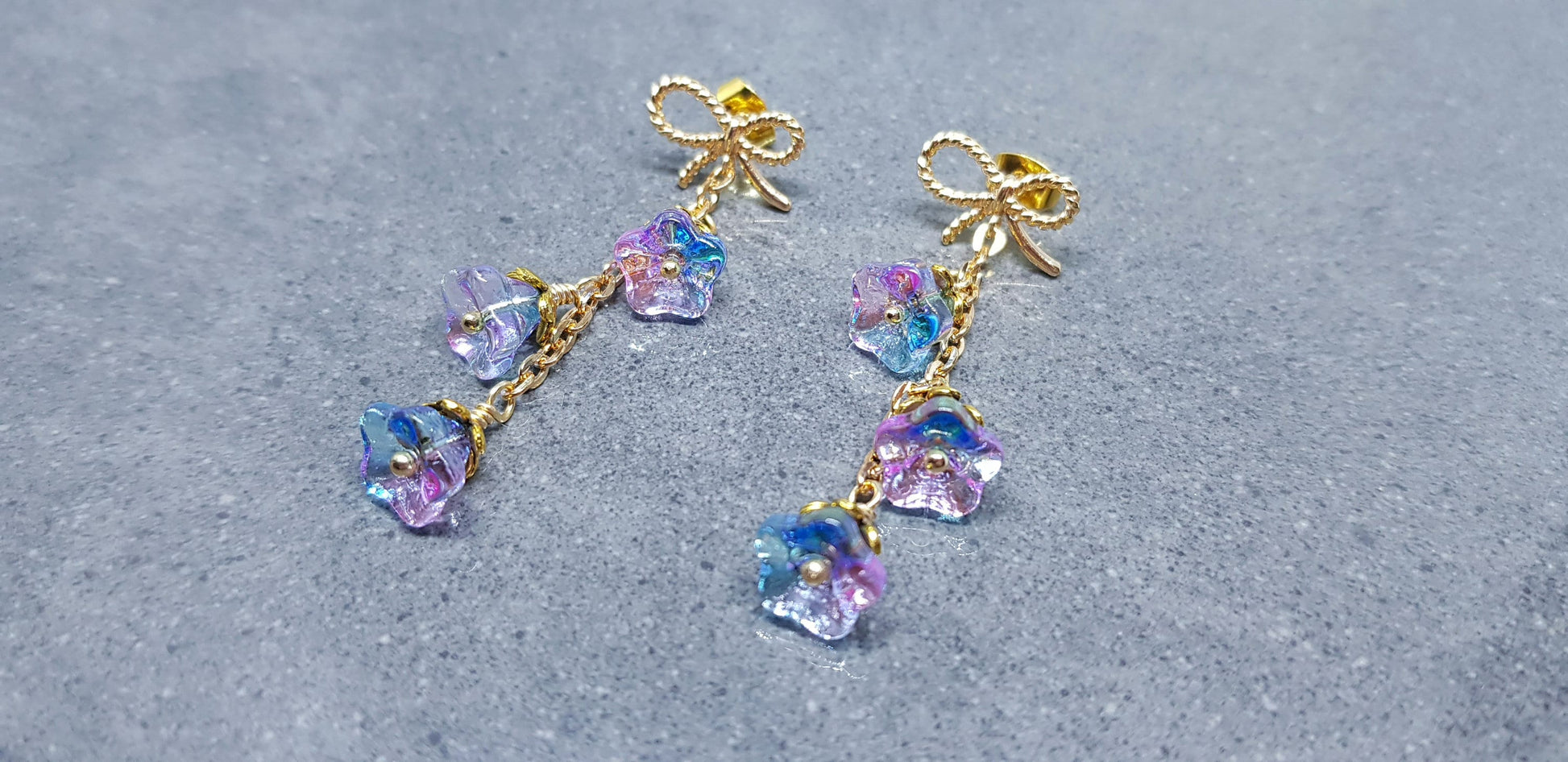 Flower Earrings, Brass bow studs, Glass Flowers, Sky Blue and purple, Gold Plated, Individually Hand Wire Wrapped, Pretty Earrings