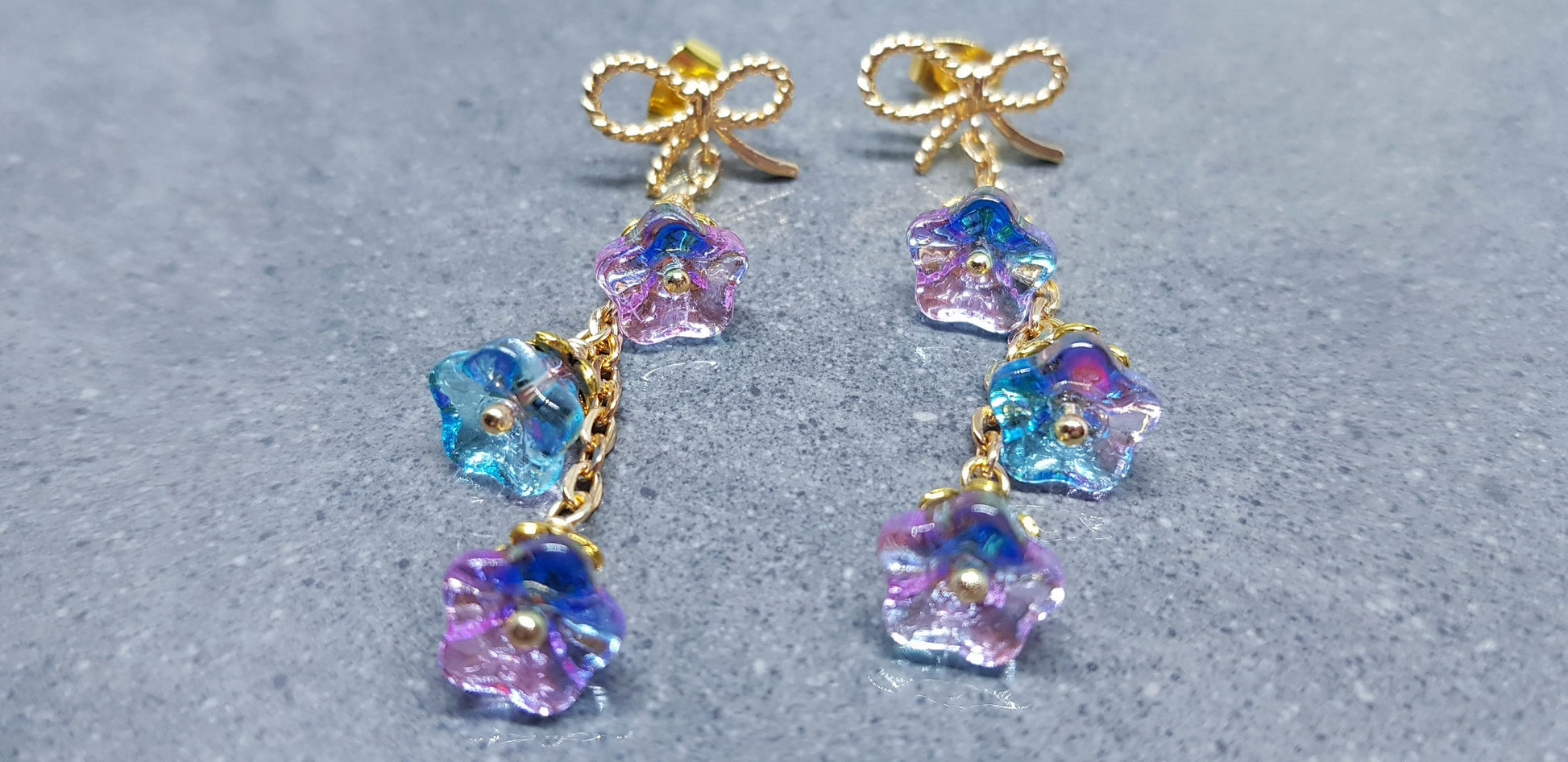 Flower Earrings, Brass bow studs, Glass Flowers, Sky Blue and purple, Gold Plated, Individually Hand Wire Wrapped, Pretty Earrings