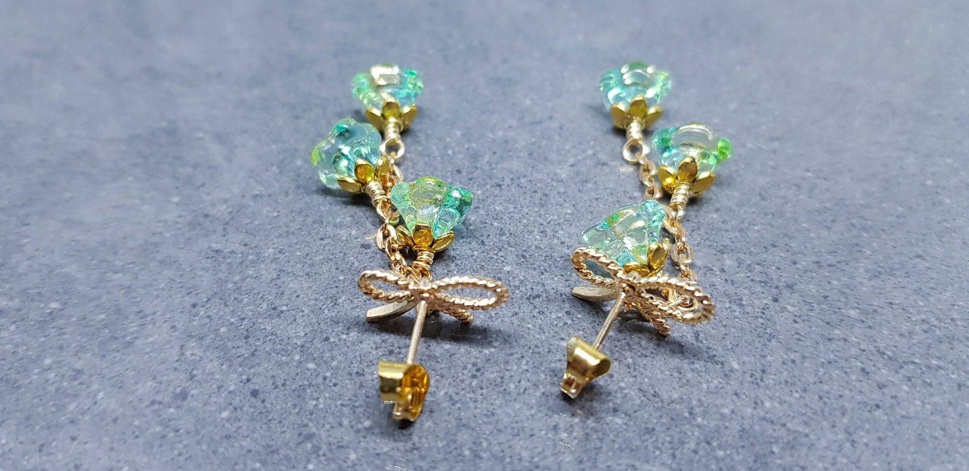 Flower Earrings, Brass bow studs, Glass Flowers, Sea Green, Gold Plated, Individually Hand Wire Wrapped, Pretty Earrings