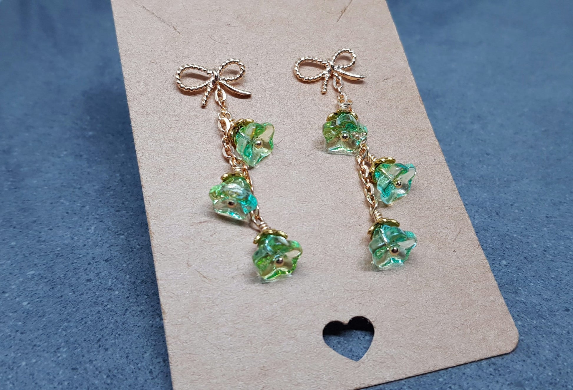 Flower Earrings, Brass bow studs, Glass Flowers, Sea Green, Gold Plated, Individually Hand Wire Wrapped, Pretty Earrings