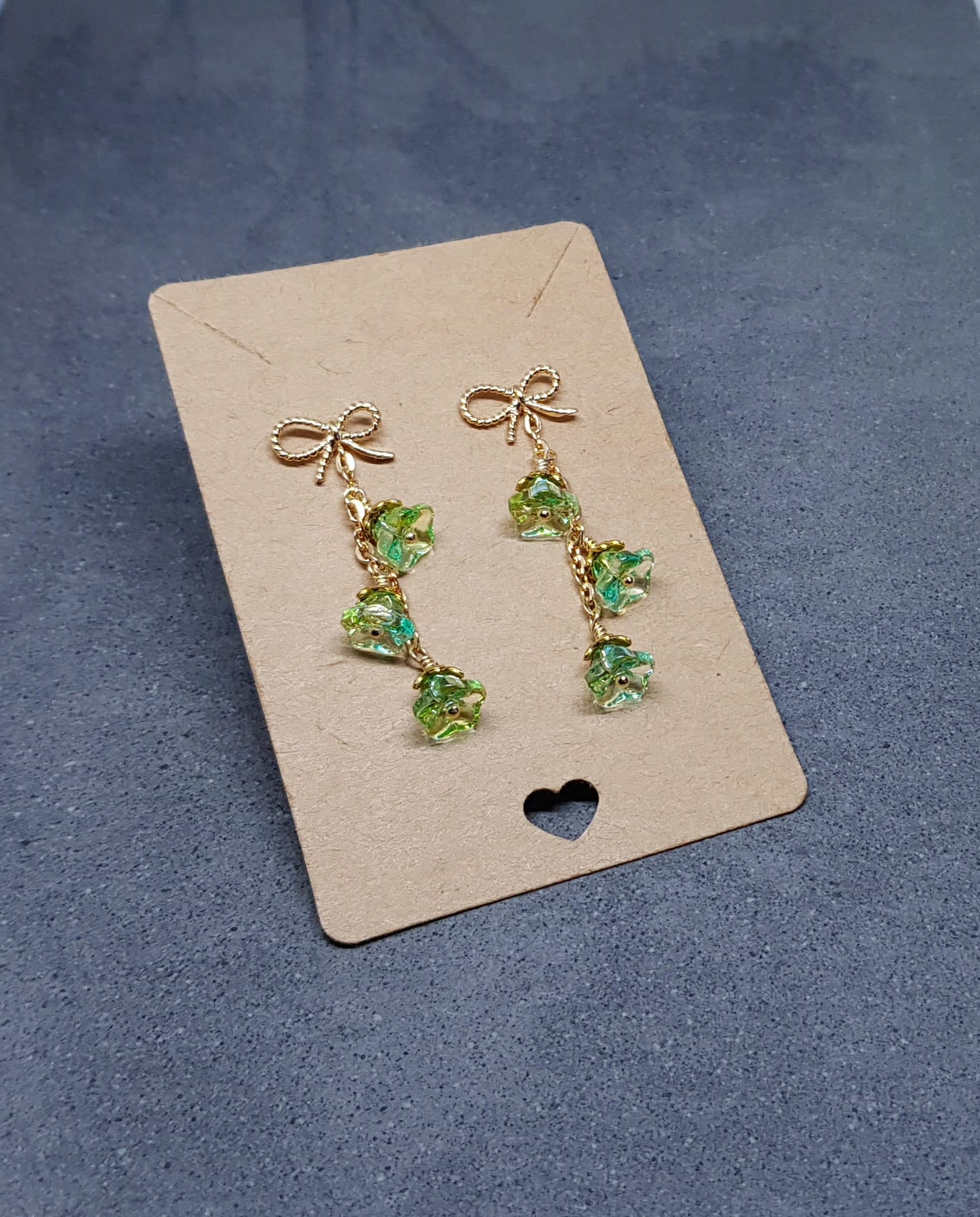 Flower Earrings, Brass bow studs, Glass Flowers, Sea Green, Gold Plated, Individually Hand Wire Wrapped, Pretty Earrings