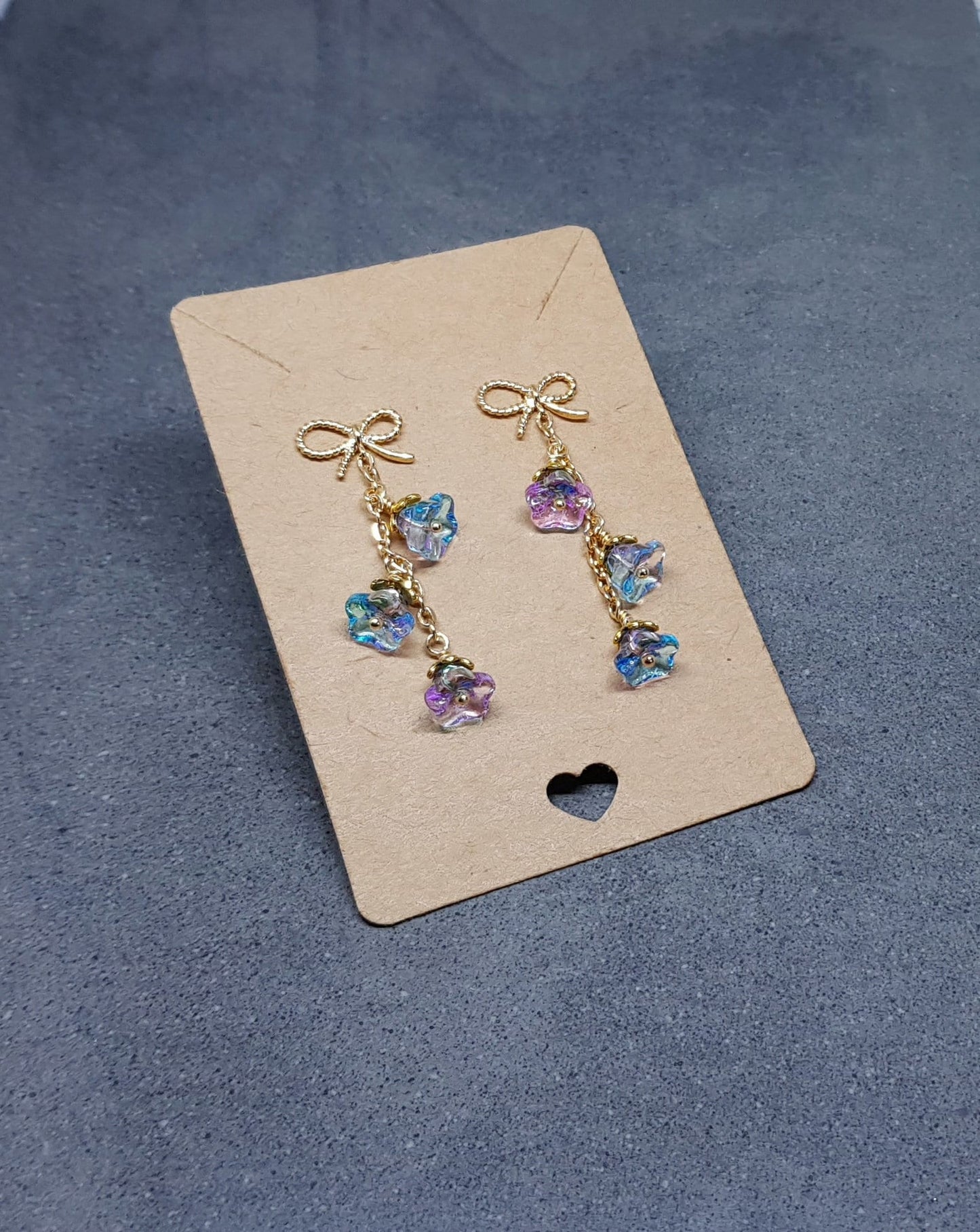 Flower Earrings, Brass bow studs, Glass Flowers, Sky Blue and purple, Gold Plated, Individually Hand Wire Wrapped, Pretty Earrings