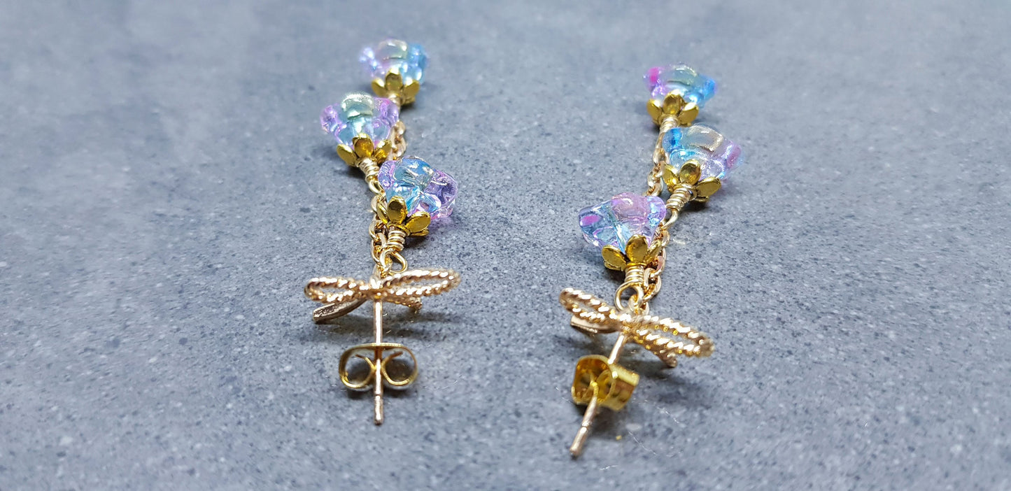 Flower Earrings, Brass bow studs, Glass Flowers, Sky Blue and purple, Gold Plated, Individually Hand Wire Wrapped, Pretty Earrings