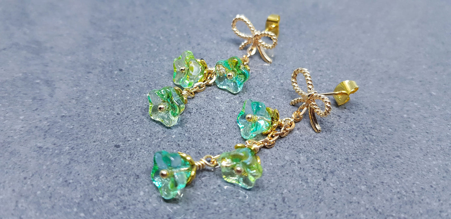 Flower Earrings, Brass bow studs, Glass Flowers, Sea Green, Gold Plated, Individually Hand Wire Wrapped, Pretty Earrings