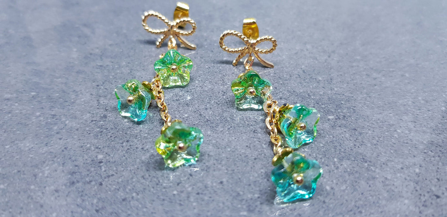 Flower Earrings, Brass bow studs, Glass Flowers, Sea Green, Gold Plated, Individually Hand Wire Wrapped, Pretty Earrings