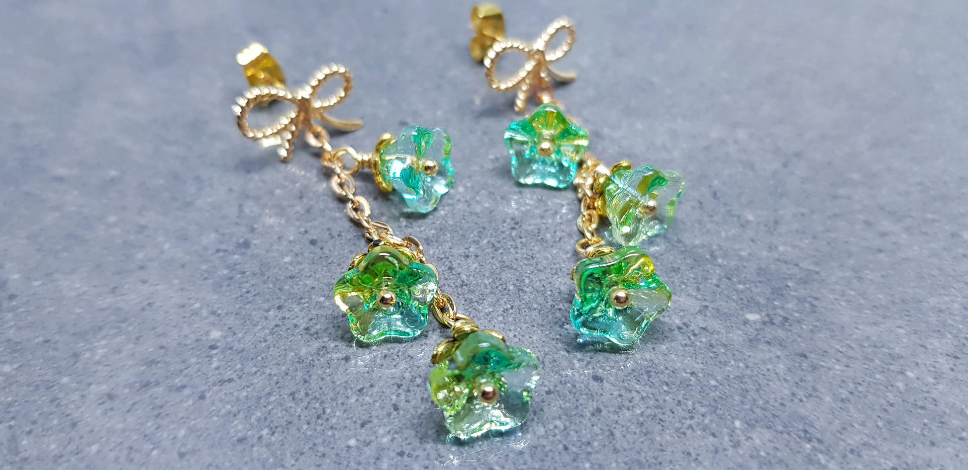 Flower Earrings, Brass bow studs, Glass Flowers, Sea Green, Gold Plated, Individually Hand Wire Wrapped, Pretty Earrings