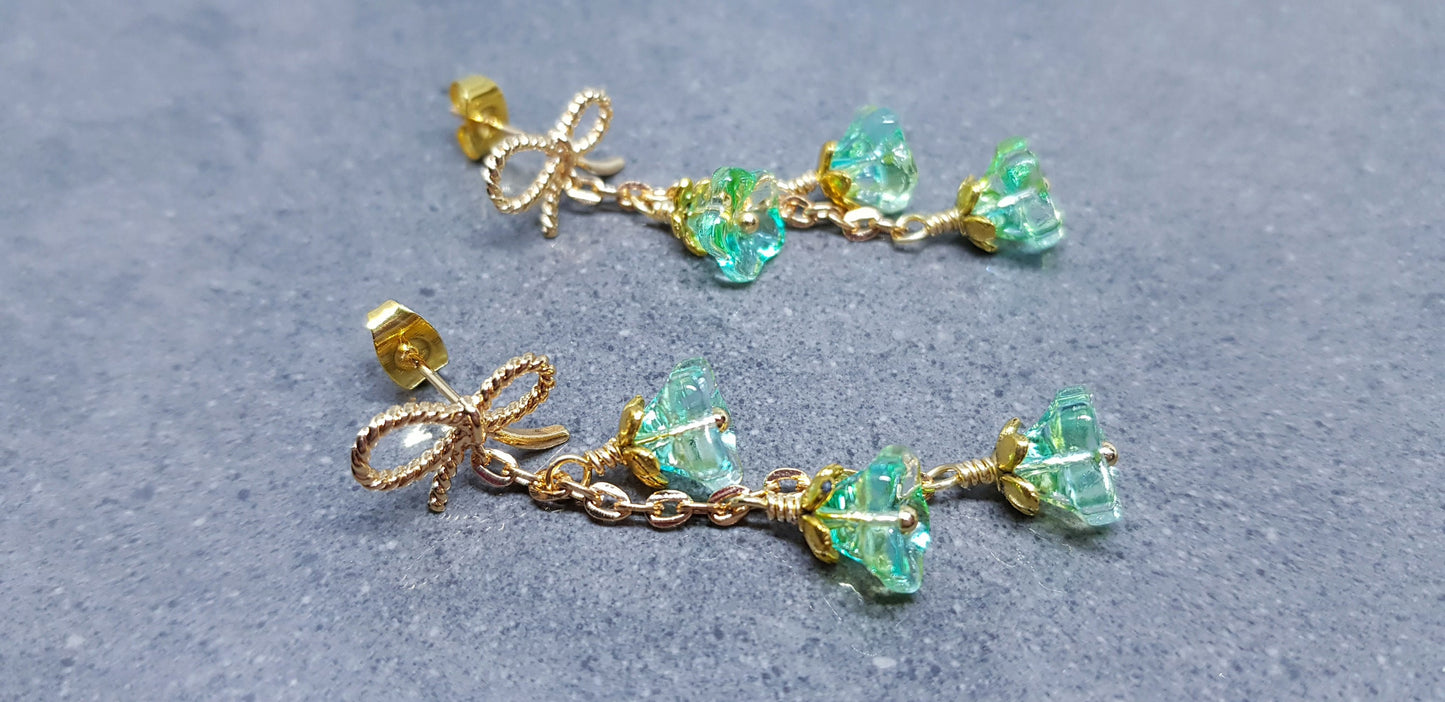 Flower Earrings, Brass bow studs, Glass Flowers, Sea Green, Gold Plated, Individually Hand Wire Wrapped, Pretty Earrings